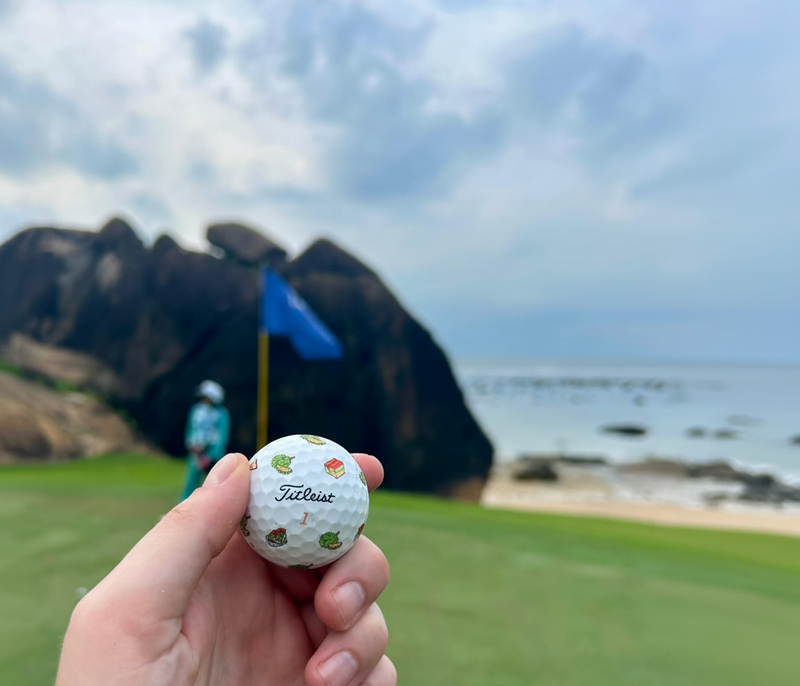 Golf ball held in front of a scenic golf course with mountains and water in the background